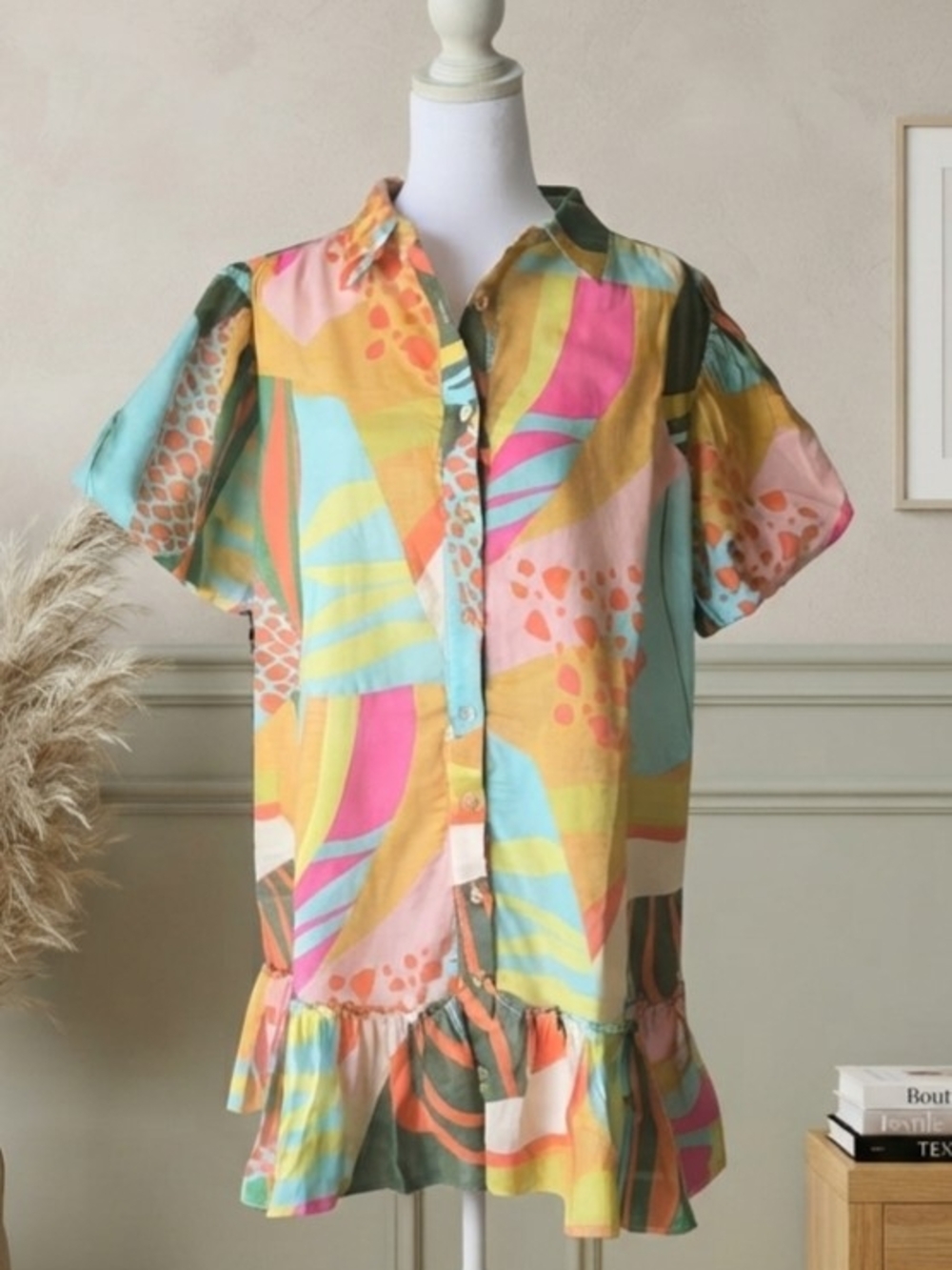 100% Cotton Karlie Multicolor Abstract Button-Front Ruffle Hem Mini Dress Preppy